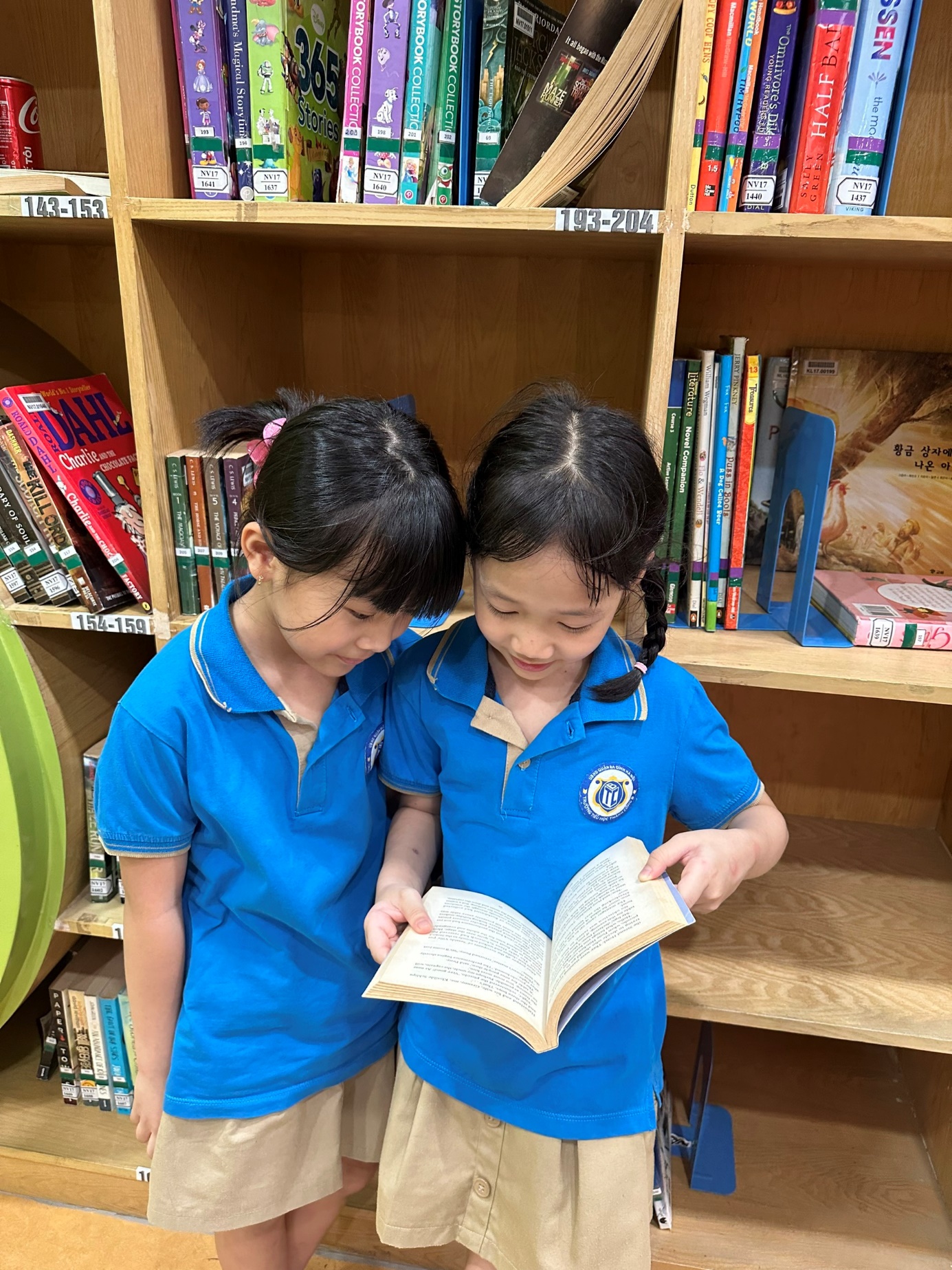 Two children in blue shirts reading a book in a library

Description automatically generated